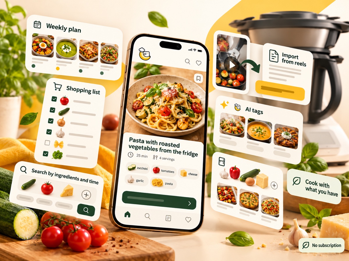 Bananarium app preview: a recipe on a phone, weekly planner, shopping list and ingredient search