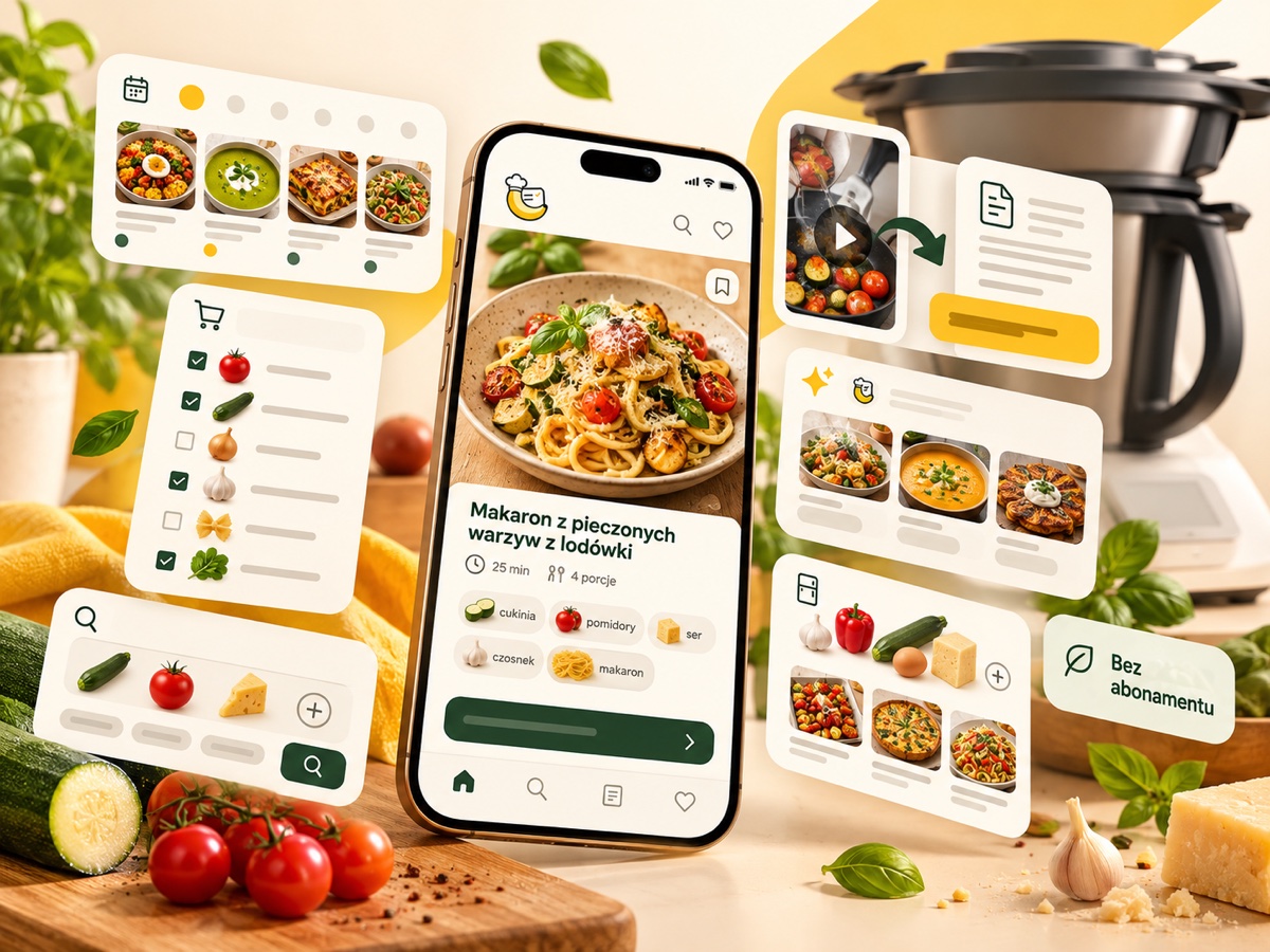 Podgląd aplikacji Bananarium: przepis na telefonie, planer tygodnia, lista zakupów i wyszukiwanie po składnikach
